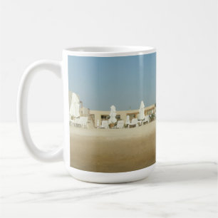 Sunny Resort Beach with White Loungers and Blue Sk Coffee Mug