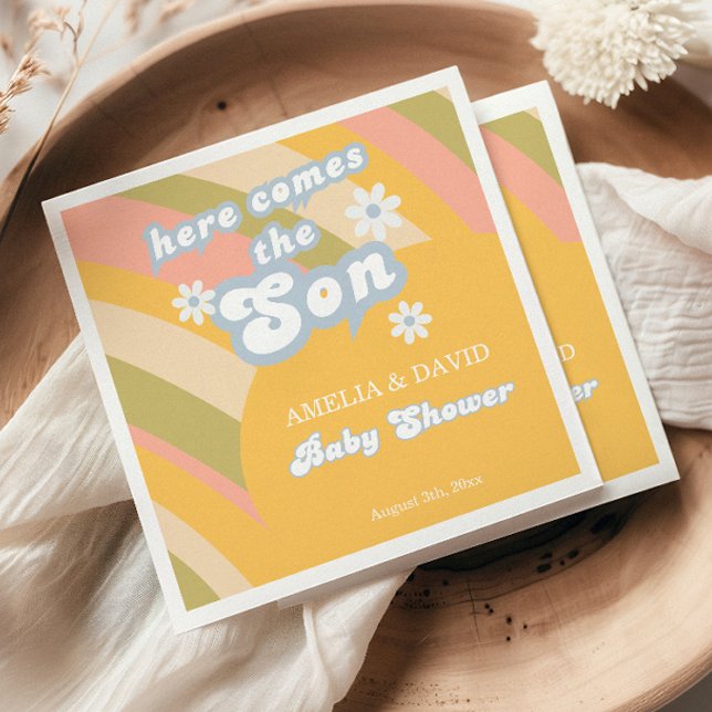 Sunny Retro Pastel Here Comes The Son Baby Shower Napkin (Creator Uploaded)