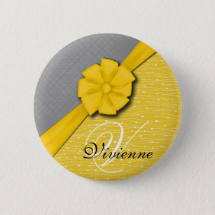 Sunny Ribbon, Two Tone Yellow Waves Grey Fabric 6 Cm Round Badge