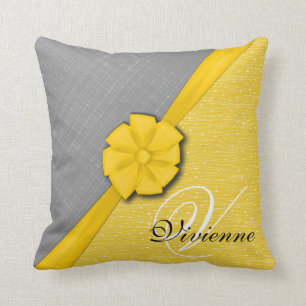 Sunny Ribbon, Two Tone Yellow Waves Grey Fabric Cushion