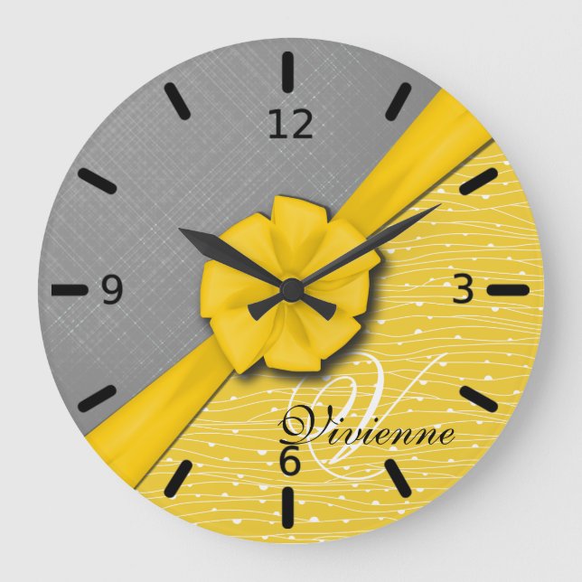 Sunny Ribbon, Two Tone Yellow Waves Grey Fabric Large Clock (Front)