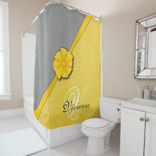 Sunny Ribbon, Two Tone Yellow Waves Grey Fabric Shower Curtain