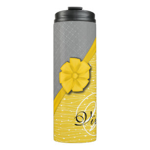 Sunny Ribbon, Two Tone Yellow Waves Grey Fabric Thermal Tumbler