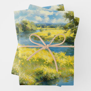 Sunny River & Yellow Wildflower Meadow Wrapping Paper Sheet