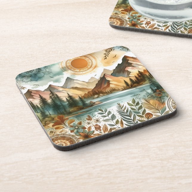 Sunny Rustic Boho Nature Pattern Mountain Lake Coaster (Left Side)