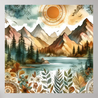 Sunny Rustic Boho Nature Pattern Mountain Lake Poster