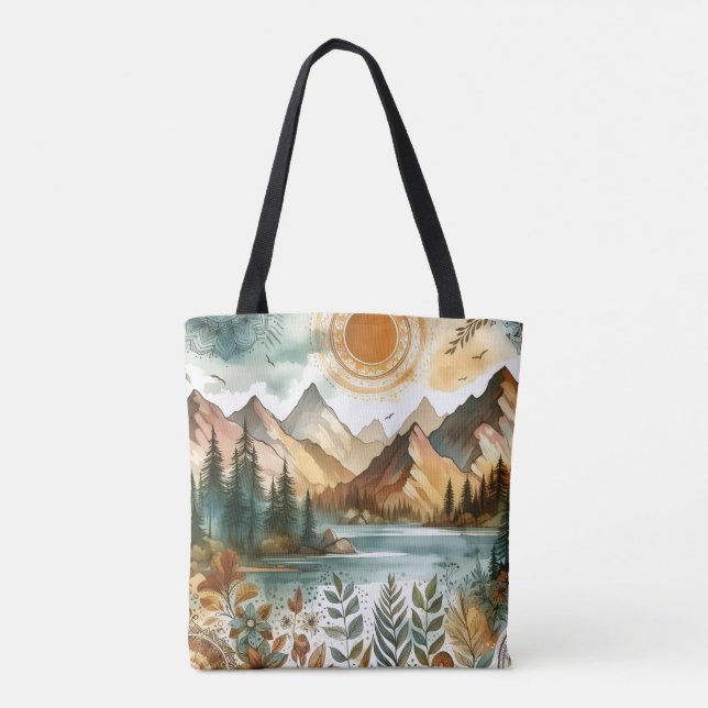 Sunny Rustic Boho Nature Pattern Mountain Lake Tote Bag (Back)