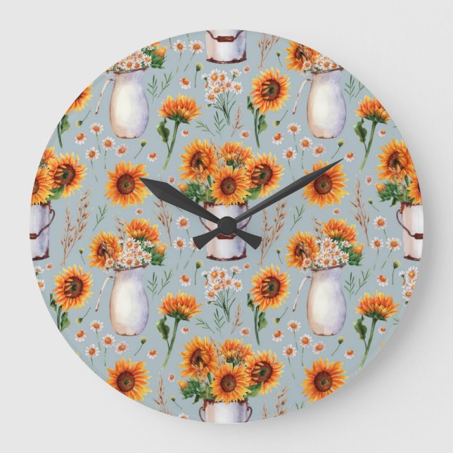 Sunny Rustic Watercolor, Seamless Pattern. Large Clock (Front)