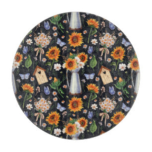 Sunny Rustic Watercolor Sunflowers Pattern Cutting Board