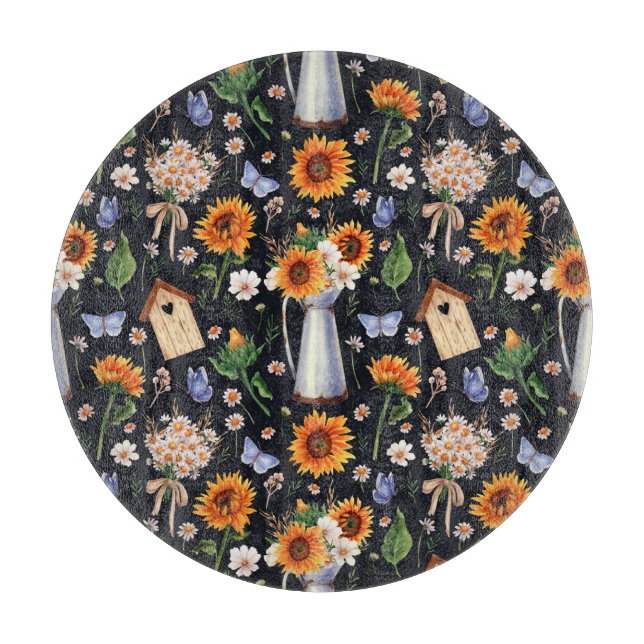 Sunny Rustic Watercolor Sunflowers Pattern Cutting Board (Front)