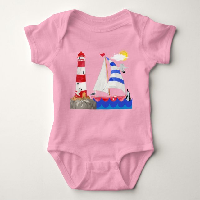 Sunny Sailing Ocean Adventure Sailboat Lighthouse Baby Bodysuit (Front)