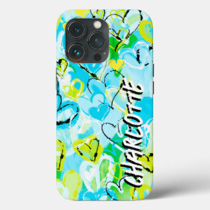 Sunny Sky Serenade: Blue Yellow Graffiti Hearts iPhone 13 Pro Case