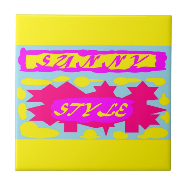 SUNNY STYLE DEEP PINK  CANARY YELLOW AND SKY BLUE CERAMIC TILE (Front)