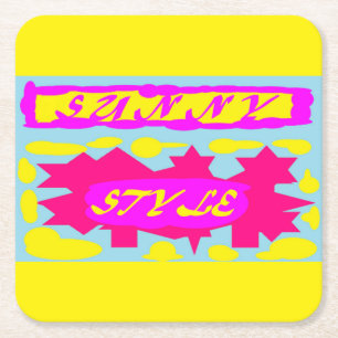 SUNNY STYLE DEEP PINK  CANARY YELLOW AND SKY BLUE SQUARE PAPER COASTER