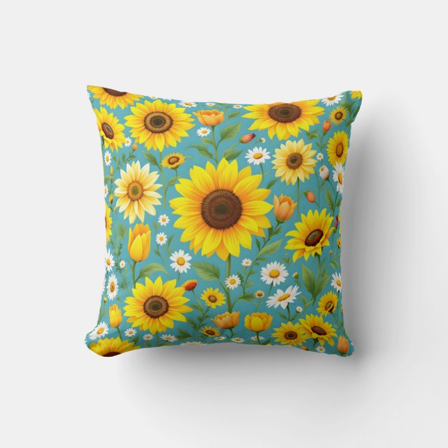 Sunny Sunflower and Daisy Meadow Pattern Cushion (Front)