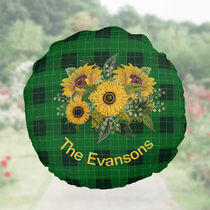 Sunny Sunflower Bouquet on Green Plaid Round Cushion