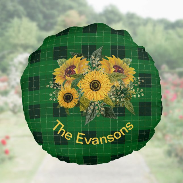 Sunny Sunflower Bouquet on Green Plaid Round Cushion (Creator Uploaded)