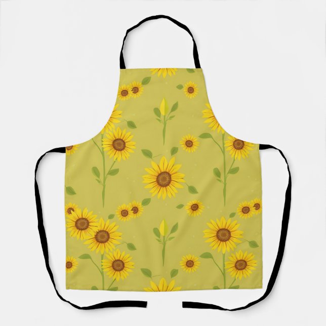 Sunny Sunflower Field Pattern Rustic Olive Green  Apron (Front)