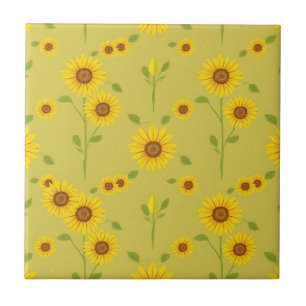 Sunny Sunflower Field Pattern Rustic Olive Green Ceramic Tile