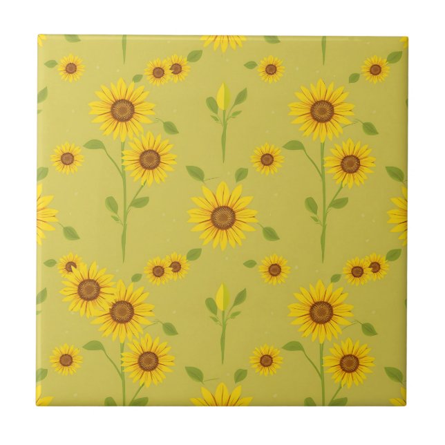 Sunny Sunflower Field Pattern Rustic Olive Green  Ceramic Tile (Front)