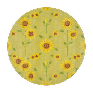 Sunny Sunflower Field Pattern Rustic Olive Green Cutting Board