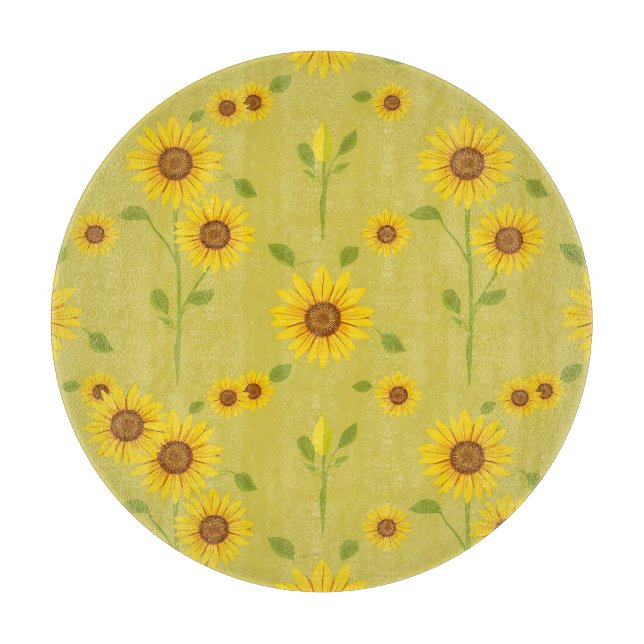 Sunny Sunflower Field Pattern Rustic Olive Green  Cutting Board (Front)