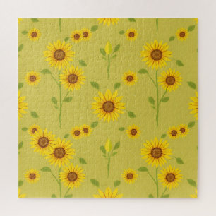 Sunny Sunflower Field Pattern Rustic Olive Green Jigsaw Puzzle