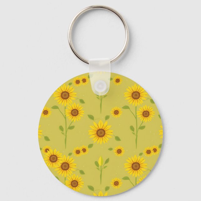 Sunny Sunflower Field Pattern Rustic Olive Green  Key Ring (Front)