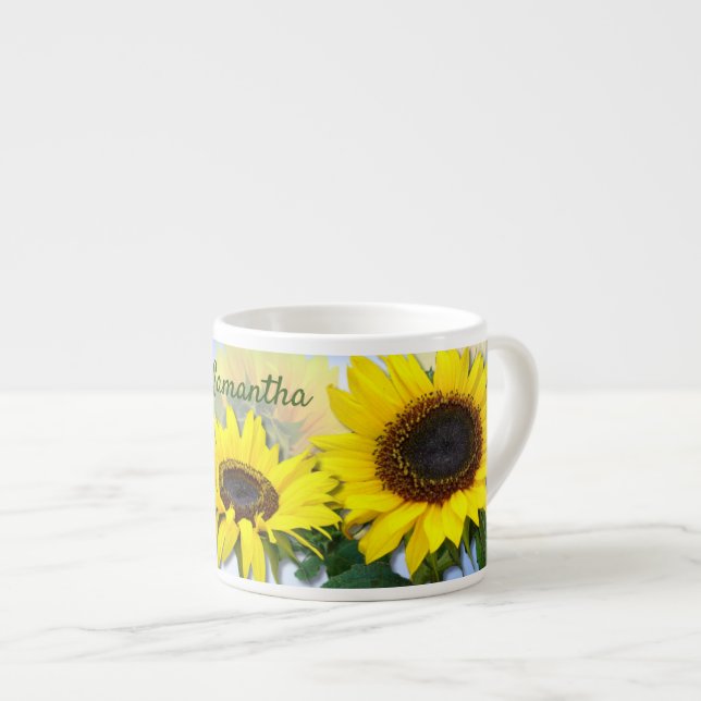 Sunny Sunflower Personalized Custom Text Espresso Cup (Front Right)