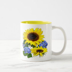 Sunny Sunflowers and Blue Hydrangea Two-Tone Coffee Mug