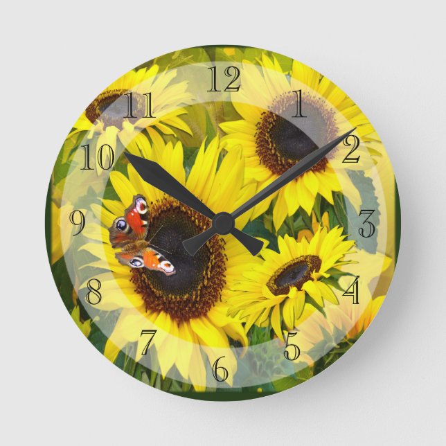 Sunny Sunflowers and Butterfly Round Clock (Front)