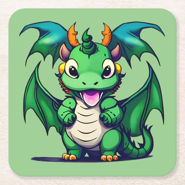 Sunny The Friendly Dragon Square Paper Coaster (Front)