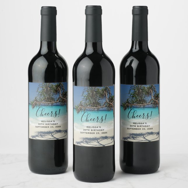 Sunny Tropical Beach Ocean Paradise Birthday Wine Label (Bottles)