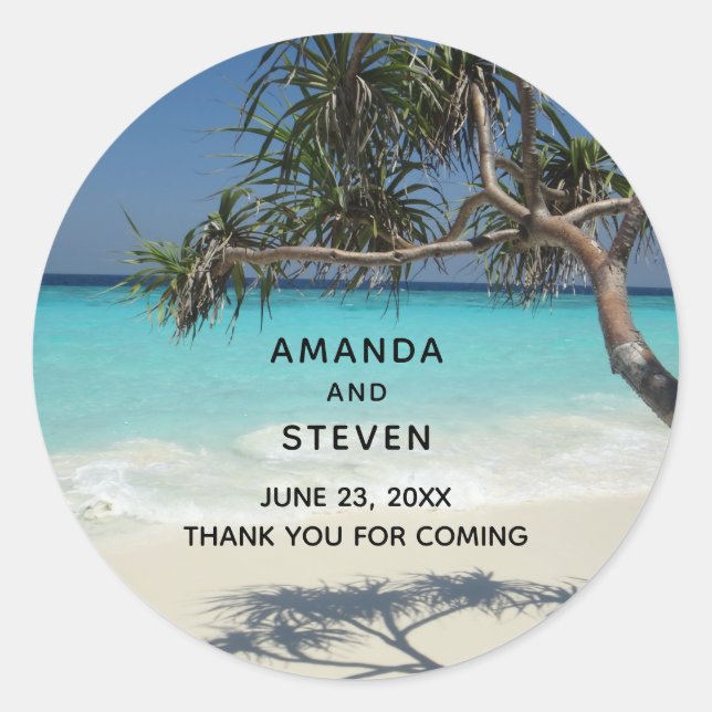 Sunny Tropical Beach Ocean Paradise Wedding Classic Round Sticker (Front)