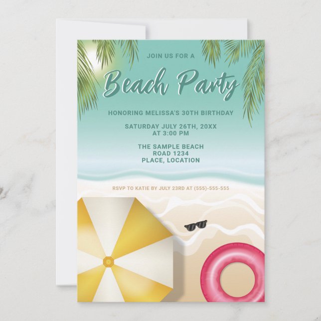 Sunny Tropical Beach Palm Leaves Teal Birthday Invitation (Front)