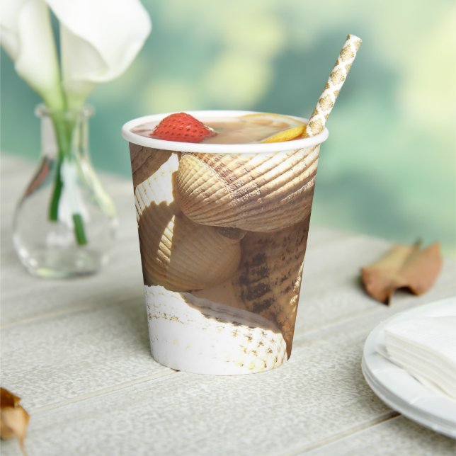 Sunny Tropical Seashells Beach Wedding Party Paper Cups (Insitu)