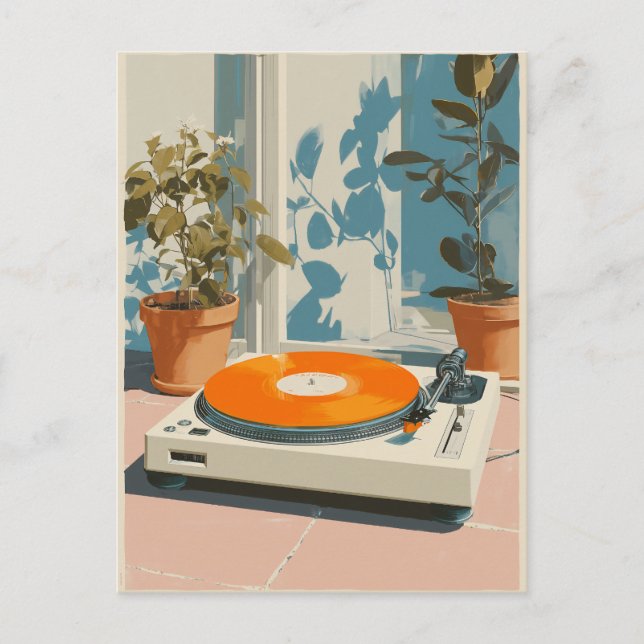 Sunny Turntable with Orange Vinyl Postcard (Front)