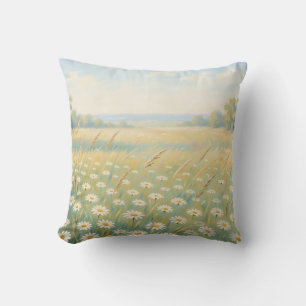 Sunny White Daisy Meadow Wildflower Field Cushion