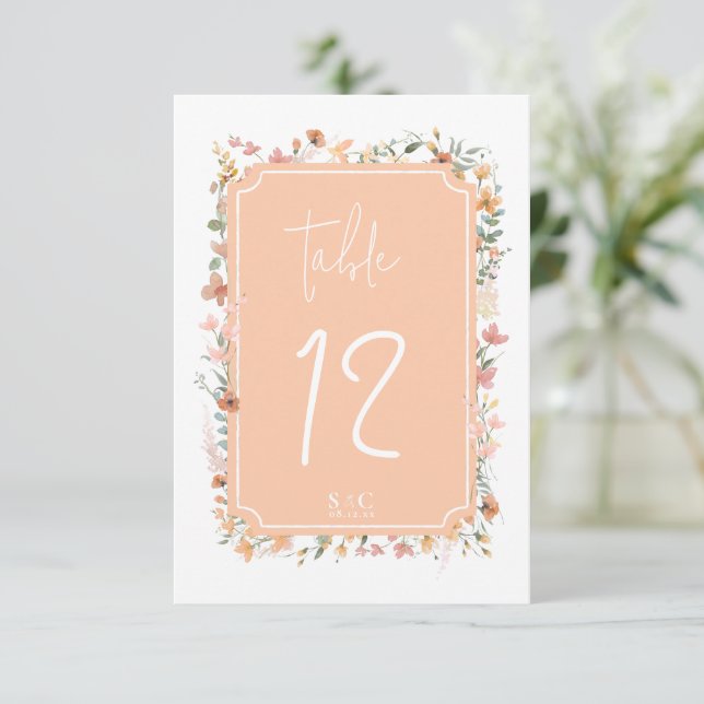 Sunny Wildflower Wedding Table Number Peach ID1023 (Standing Front)