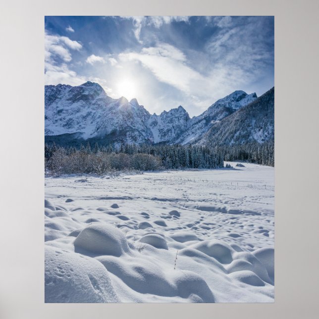 Sunny winter day at snowy frozen lake Fusine Poster (Front)