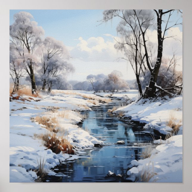 Sunny Winter Field and Stream Outdoor Scenic  Poster (Front)