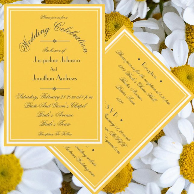 Sunny Yellow All In One RSVP Email Website Wedding Invitation (Sunny yellow All-In-One wedding invitations with chic elegant script, RSVP, email, website etc.)
