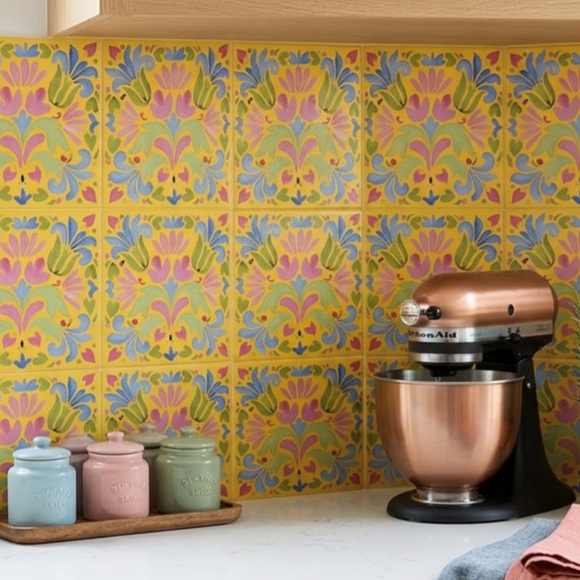 Sunny Yellow and Blue Floral Ceramic Tile (Creator Uploaded)