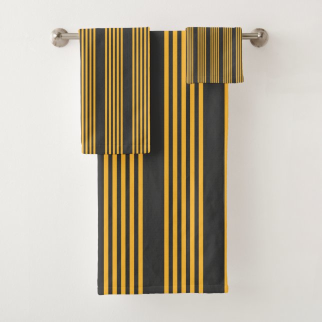 Sunny yellow and charcoal five stripe pattern bath towel set (Insitu)