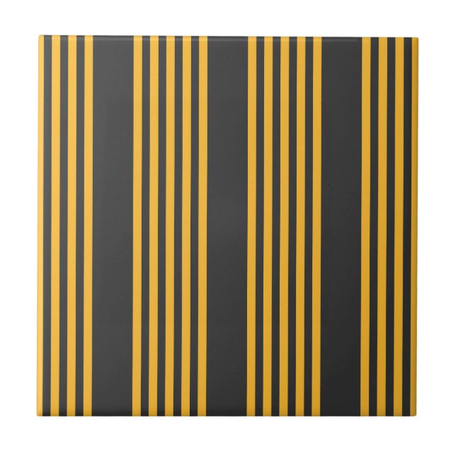 Sunny yellow and charcoal five stripe pattern ceramic tile (Front)