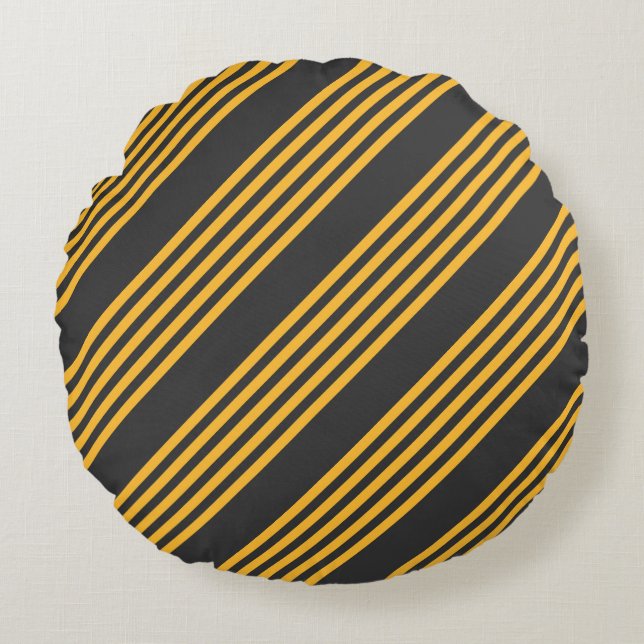 Sunny yellow and charcoal five stripe pattern round cushion (Front)