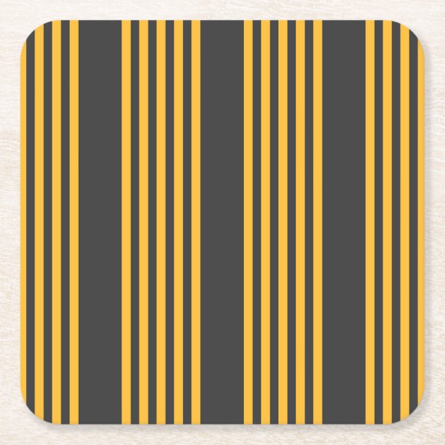 Sunny yellow and charcoal five stripe pattern square paper coaster (Front)
