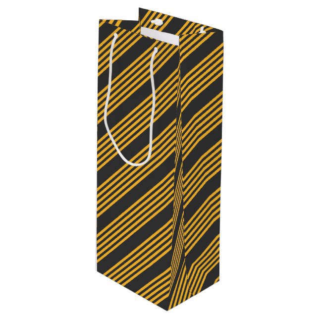 Sunny yellow and charcoal five stripe pattern wine gift bag (Front Angled)