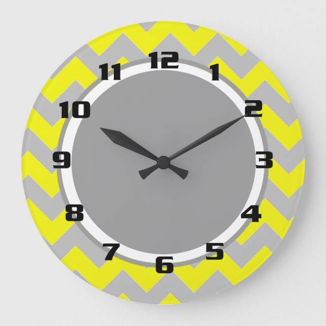 Sunny Yellow and Grey Chevron Pattern Large Clock (Front)