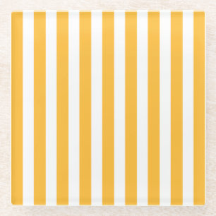 Sunny yellow and white candy stripes glass coaster